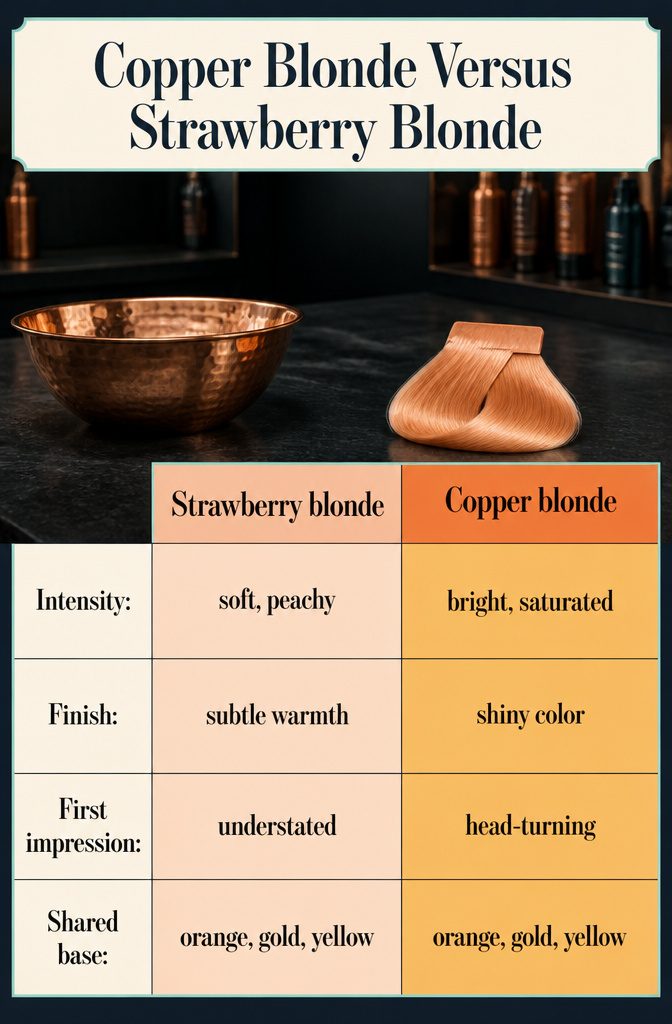 Graphic comparing strawberry blonde and copper blonde hair colors