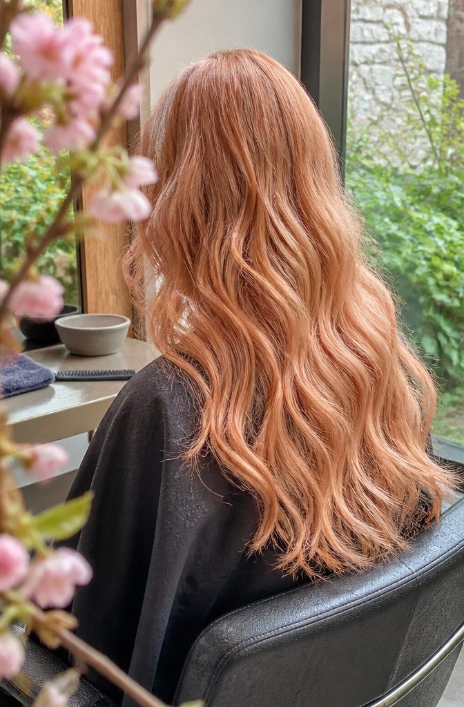 Copper blonde hair with subtle pastel peach highlights