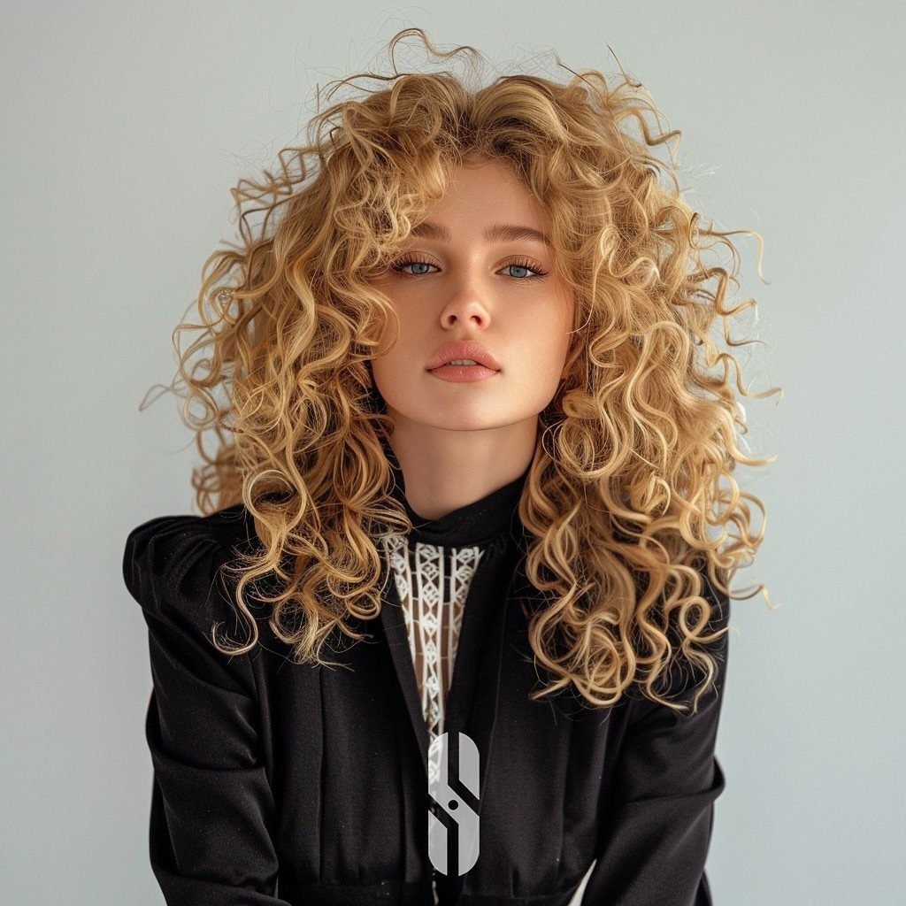 Woman with voluminous blonde curls framing her face and shoulders
