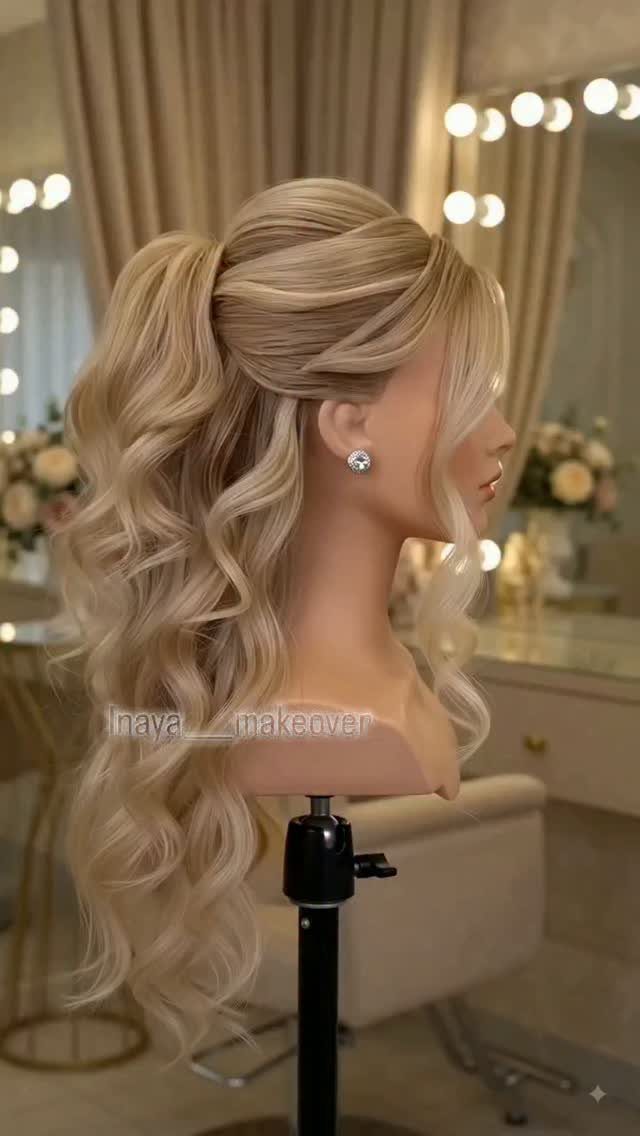 Blonde mannequin hairstyle with a half-up ponytail and long cascading curls
