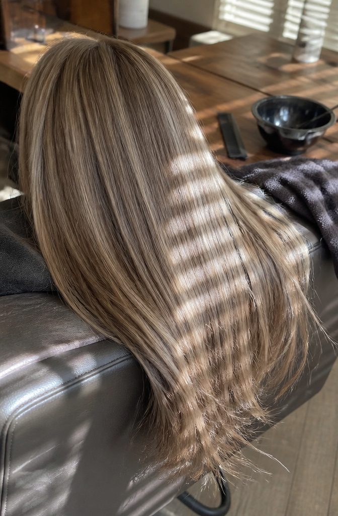 Darker cool blonde ribbons scattered through lighter ash blonde hair