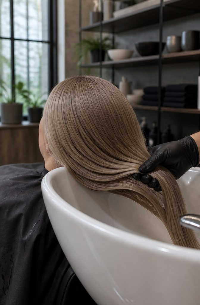 Smooth dark silvery blonde hair in one continuous shade from roots to ends