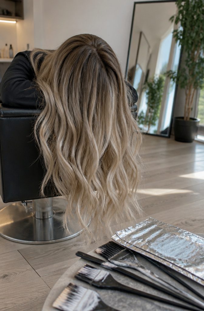 Dark blonde roots blending into cool platinum balayage pieces
