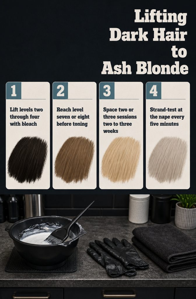 Beauty graphic titled Lifting Dark Hair to Ash Blonde