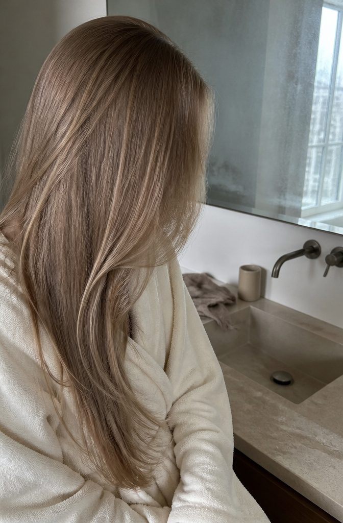 Sandy taupe blonde hair with soft beige tones and slight warmth