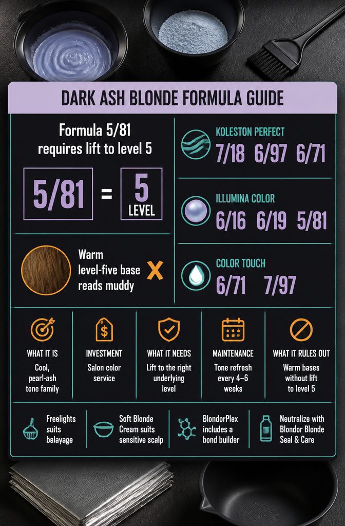 Beauty graphic titled Dark Ash Blonde Formula Guide