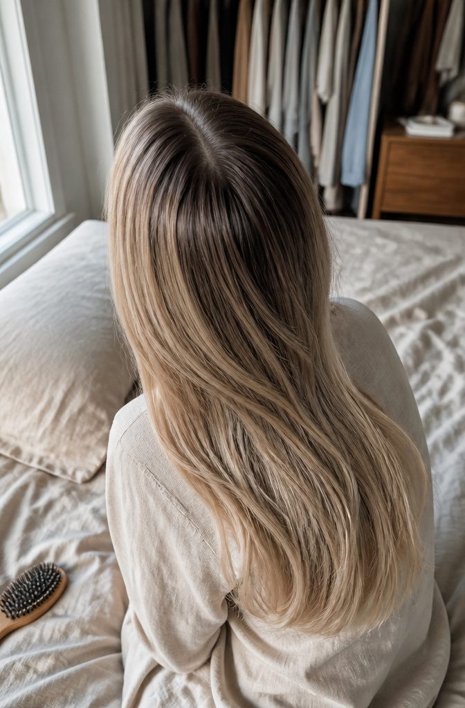 Dark crown blending gradually into lighter ash blonde lengths