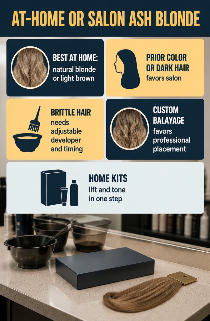 Beauty graphic titled At-Home or Salon Ash Blonde