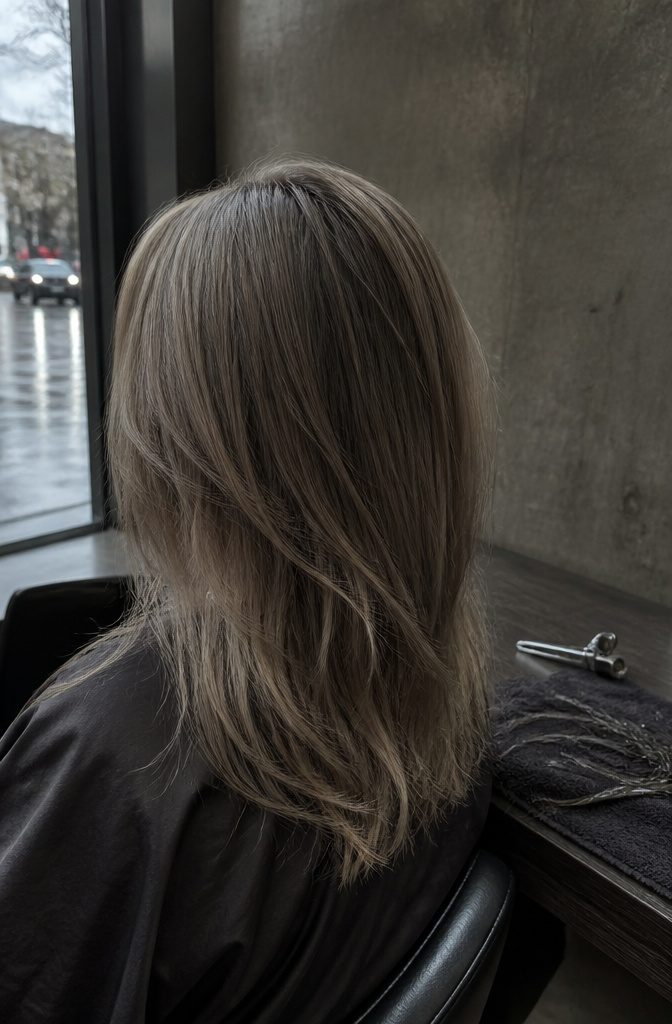 Deep blonde hair with visible silver and gunmetal strands
