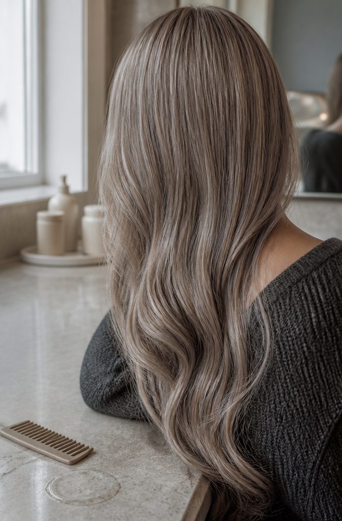 Dark blonde hair with a silvery ash overtone and no golden tones