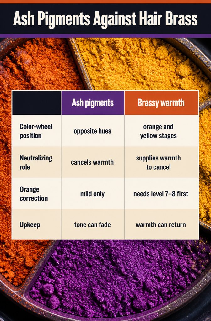 Beauty graphic titled Ash Pigments Against Hair Brass