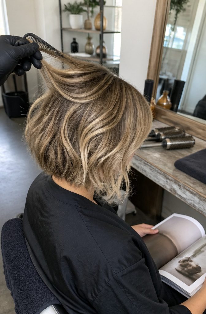 Tousled bob with hand-painted blonde pieces and a darker base