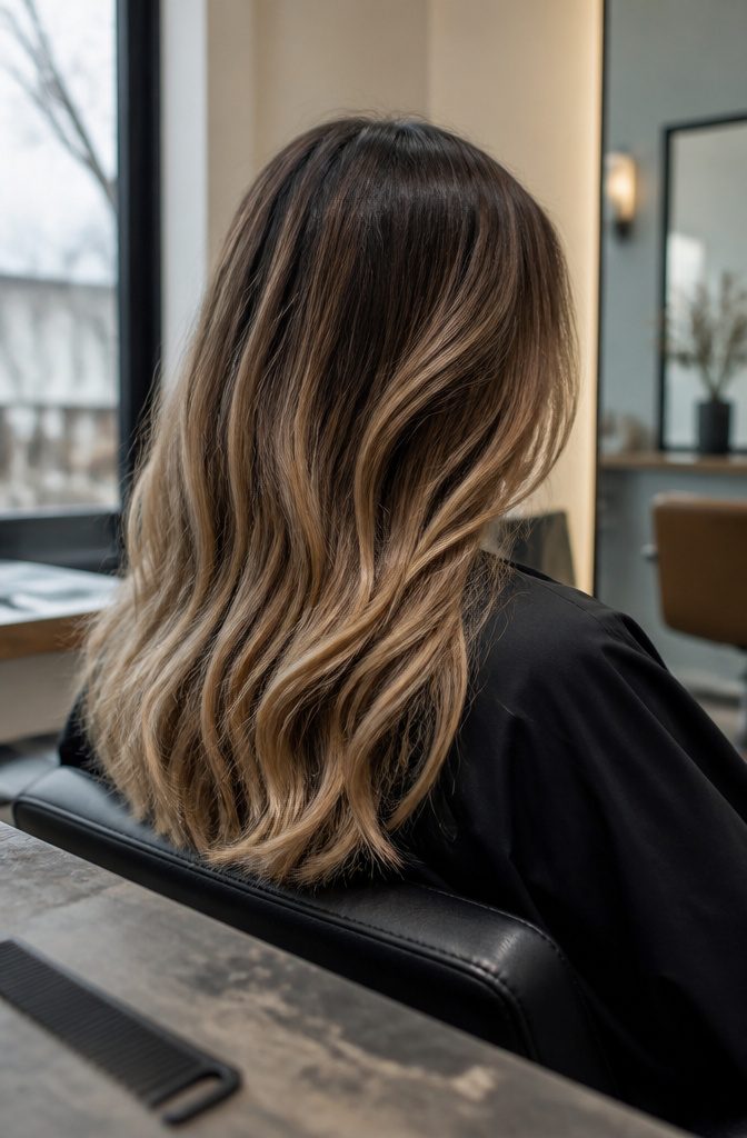 Bronde hair blending a dark brunette base with lighter blonde pieces