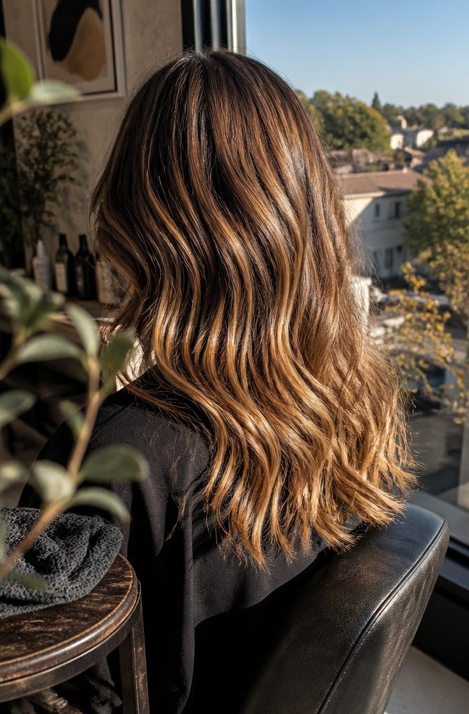 Bronze blonde hair with honey highlights over a light brown base
