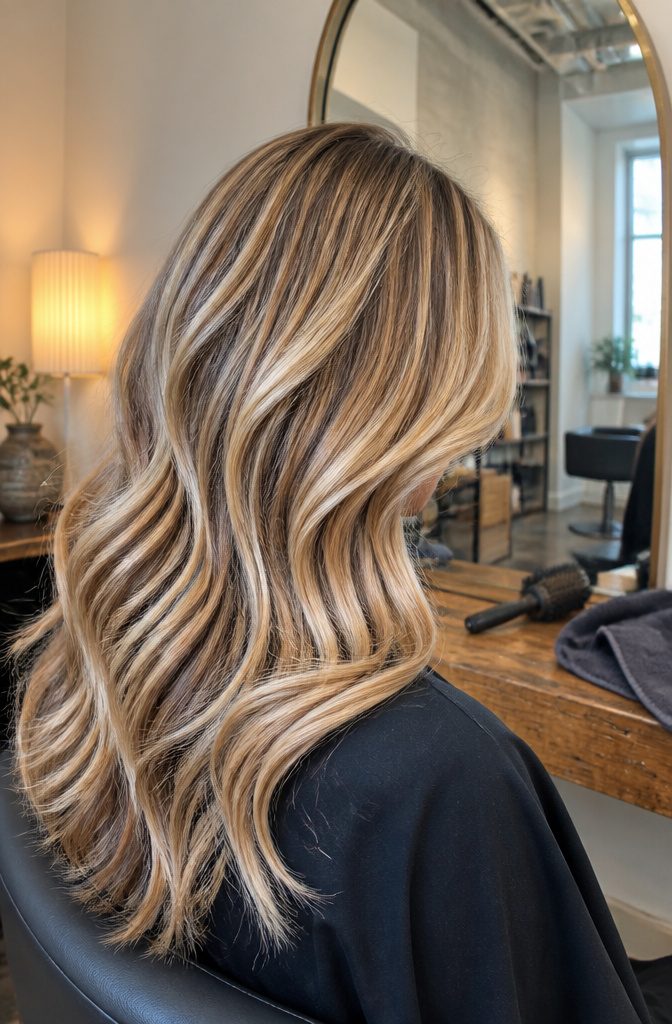 Dark roots with cream and butter blonde balayage through the hair