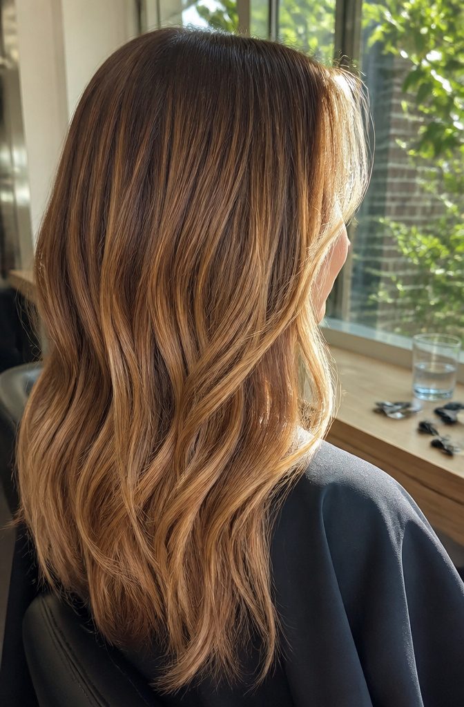 Caramel blonde hair with pale highlights around the face and a dark base