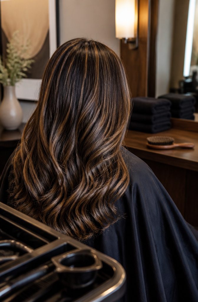 Chocolate blonde hair with fine golden highlights over a deep brown base