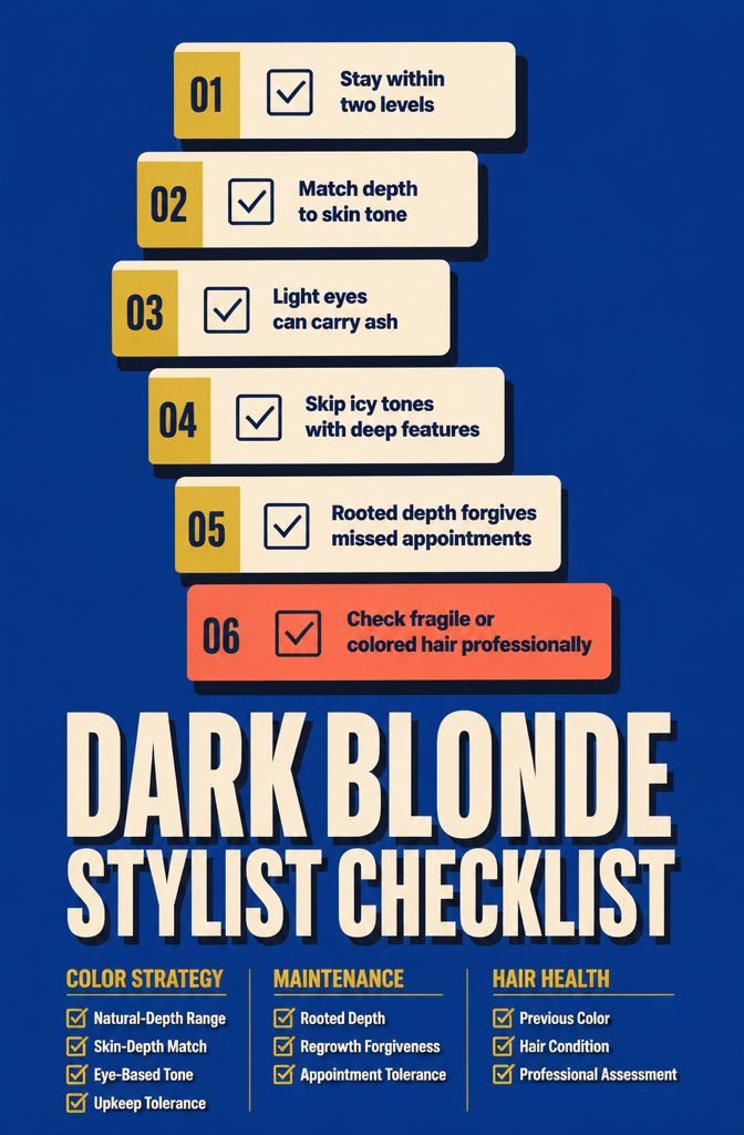 Dark Blonde Stylist Checklist graphic with color and hair care guidance