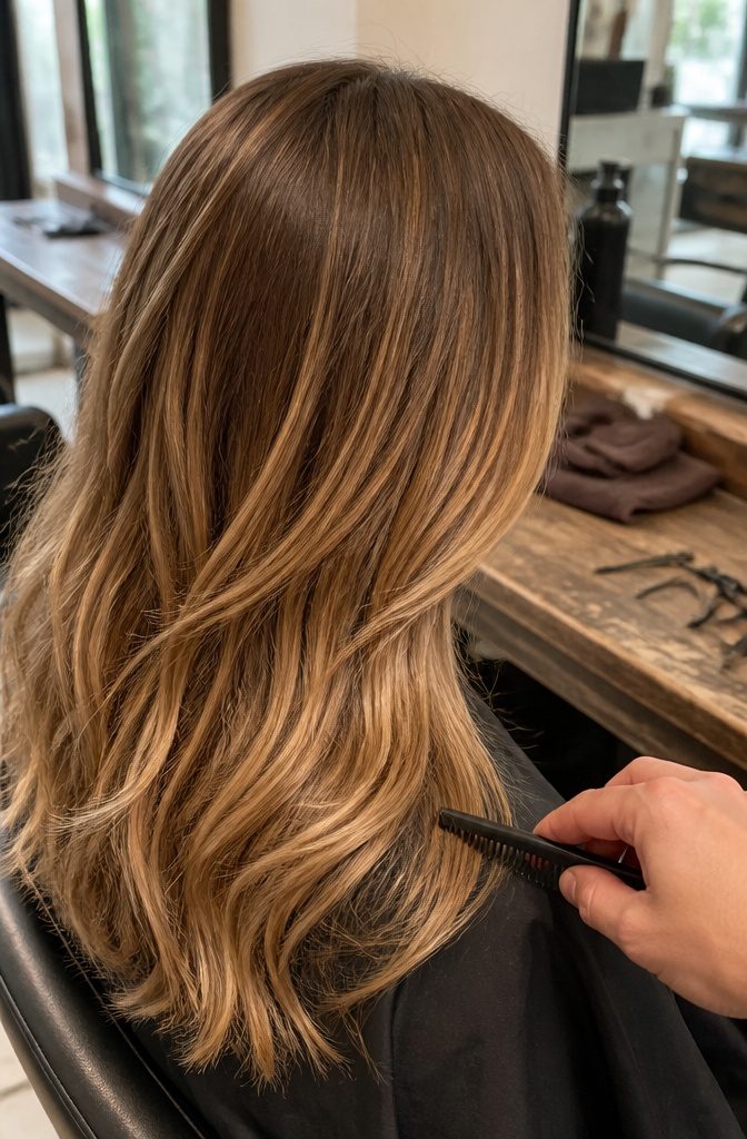 Dark blonde hair with blended golden and light brown tones