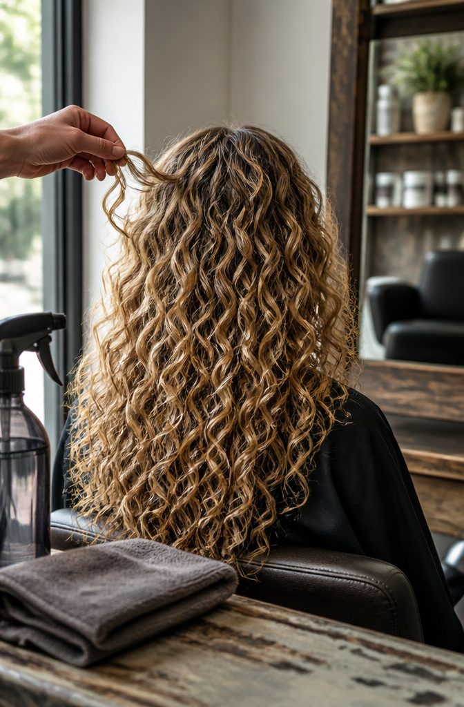 Natural curls with butter blonde highlights over golden and dark blonde roots