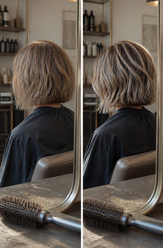 Dark blonde hair with blended light and dark highlights and lowlights