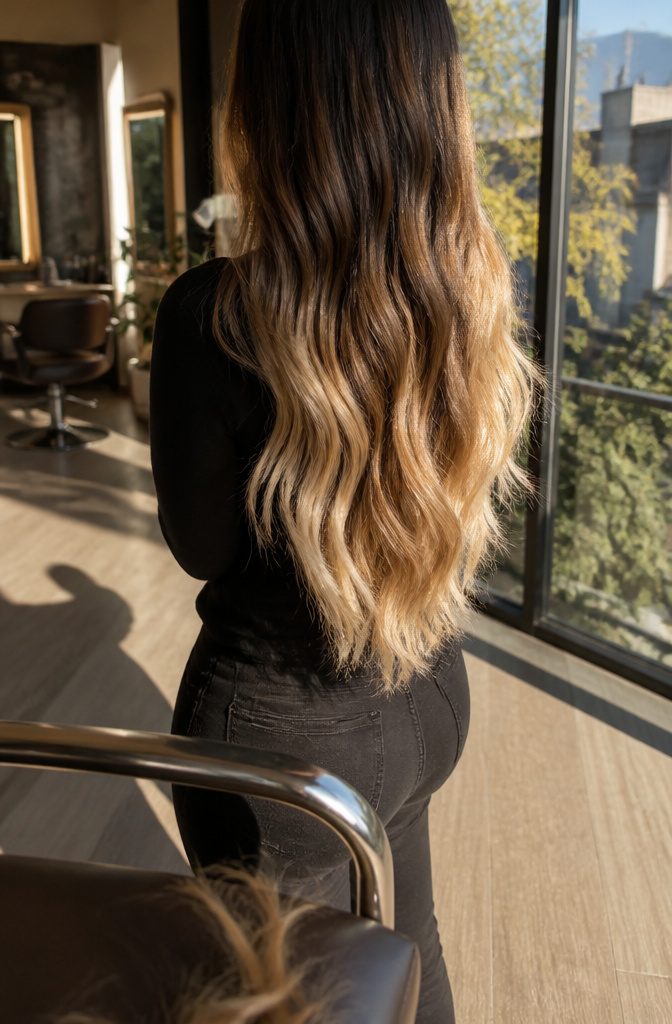 Dark roots and mid-lengths transitioning clearly to lighter blonde ends