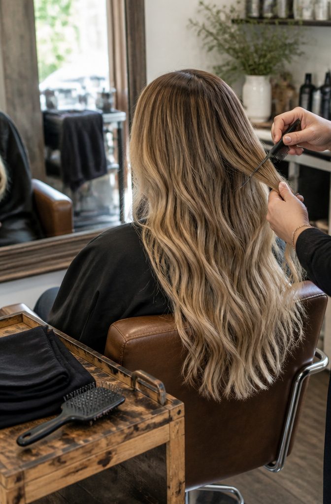 Rooted blonde hair with darker roots blending into lighter lengths