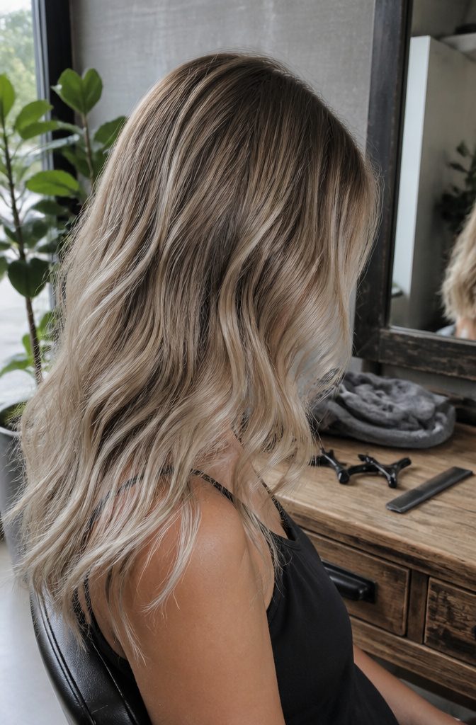 Dirty blonde hair with cool wheat tones and softly blended highlights