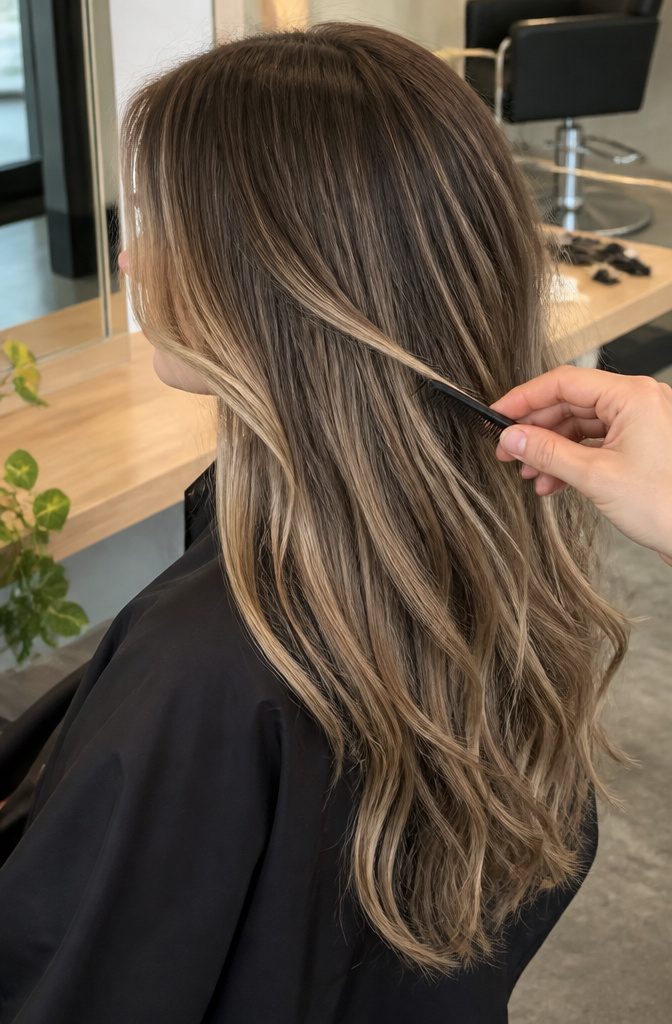 Dark blonde and brown hair with pale face-framing highlights