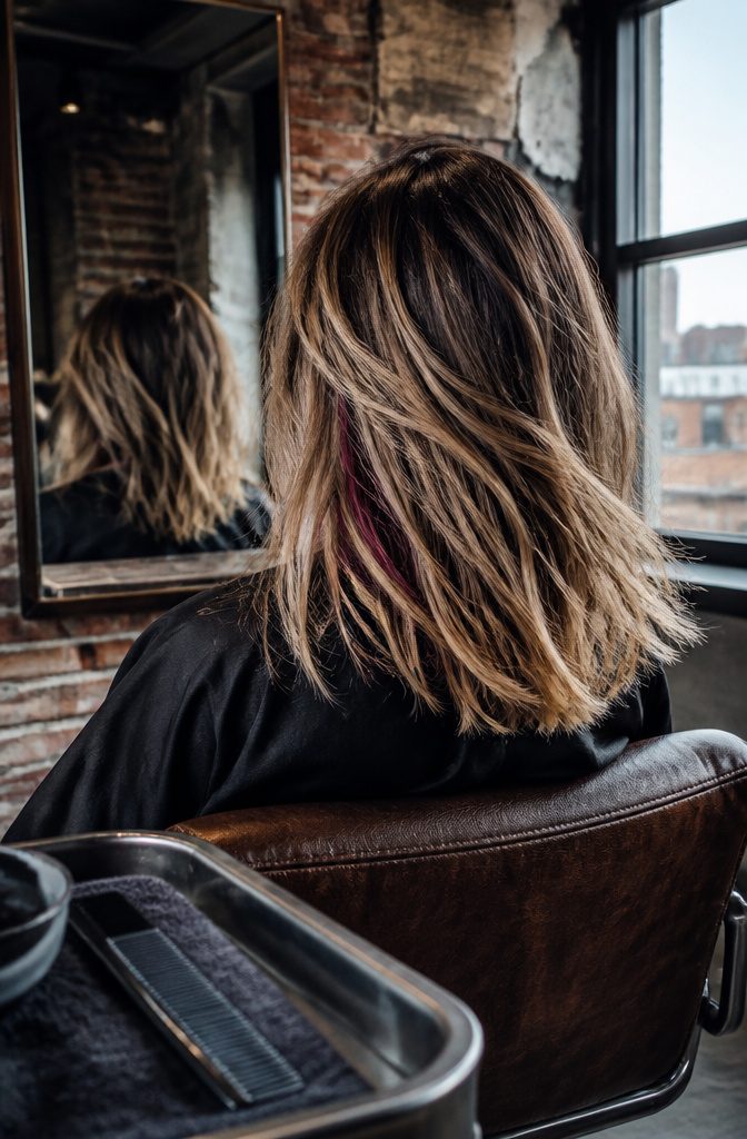 Grunge blonde hair with dark roots and lightened mid-lengths and ends