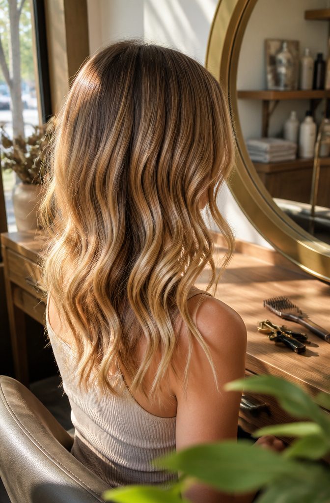 Dark blonde hair with honey and golden highlights through the lengths