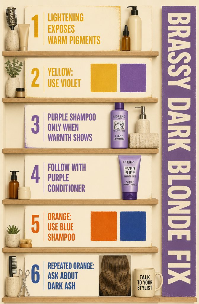 Brassy Dark Blonde Fix graphic showing purple and blue shampoo guidance