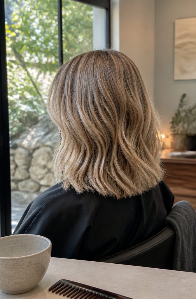 Dark blonde hair with sandy milk tea and cool pecan tones