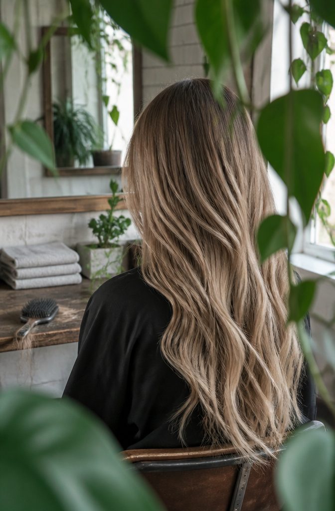Blonde hair with sandy taupe tones and a cool ashy finish