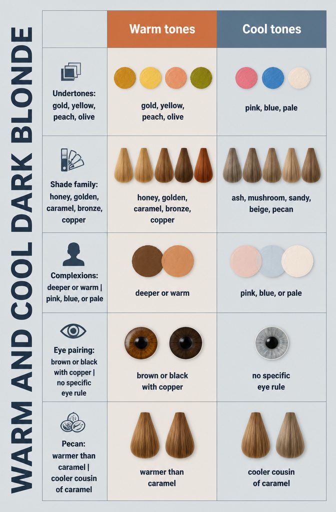 Warm and Cool Dark Blonde graphic comparing warm and cool shades