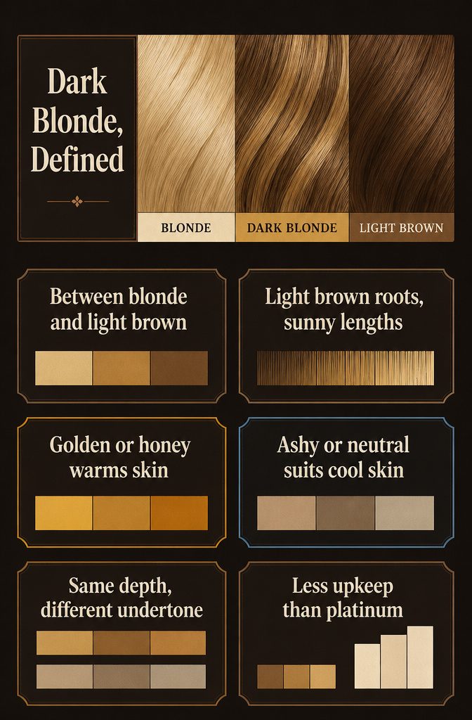 Dark Blonde Defined graphic describing a shade between blonde and light brown
