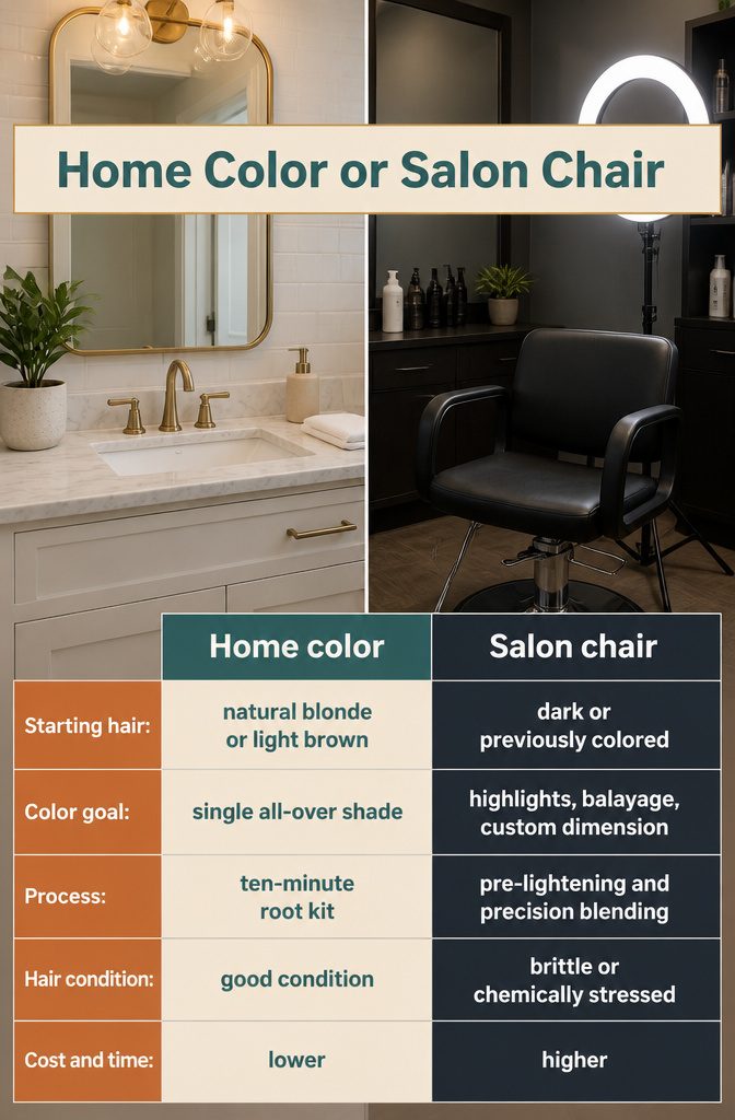Home Color or Salon Chair graphic comparing home dye and salon coloring
