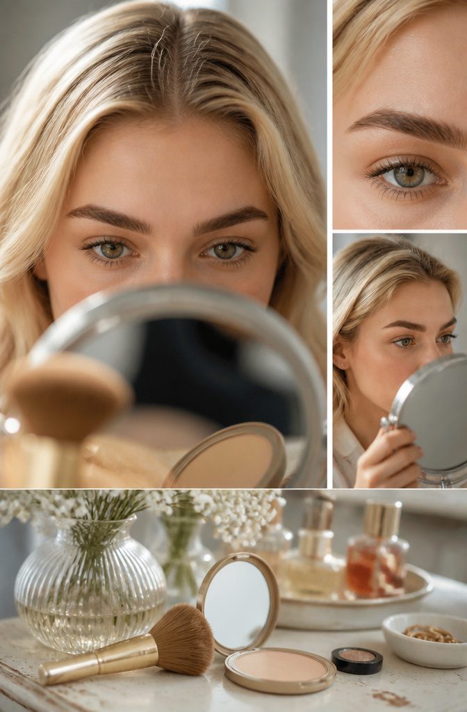 Blonde woman with dark brows and light hair