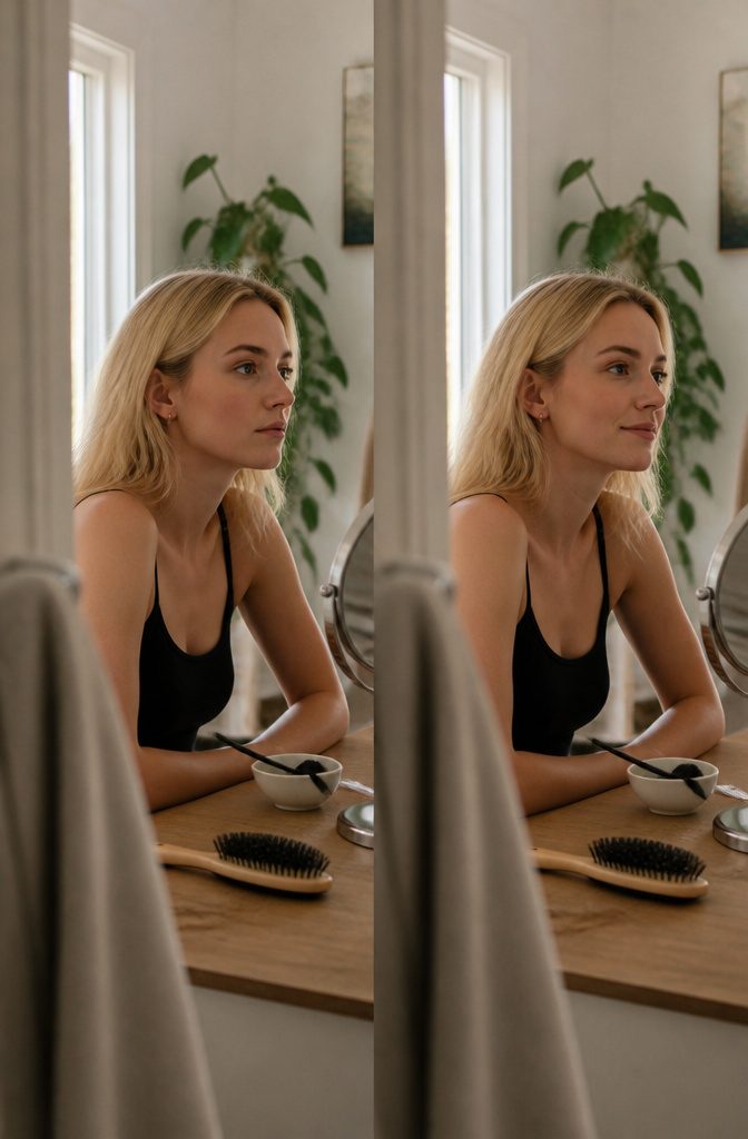 Blonde woman with naturally dark brows and highlighted hair