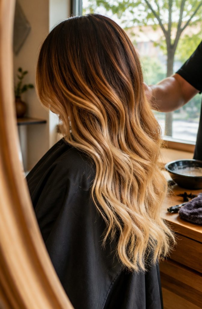 Dark roots above light blonde lengths in long hair