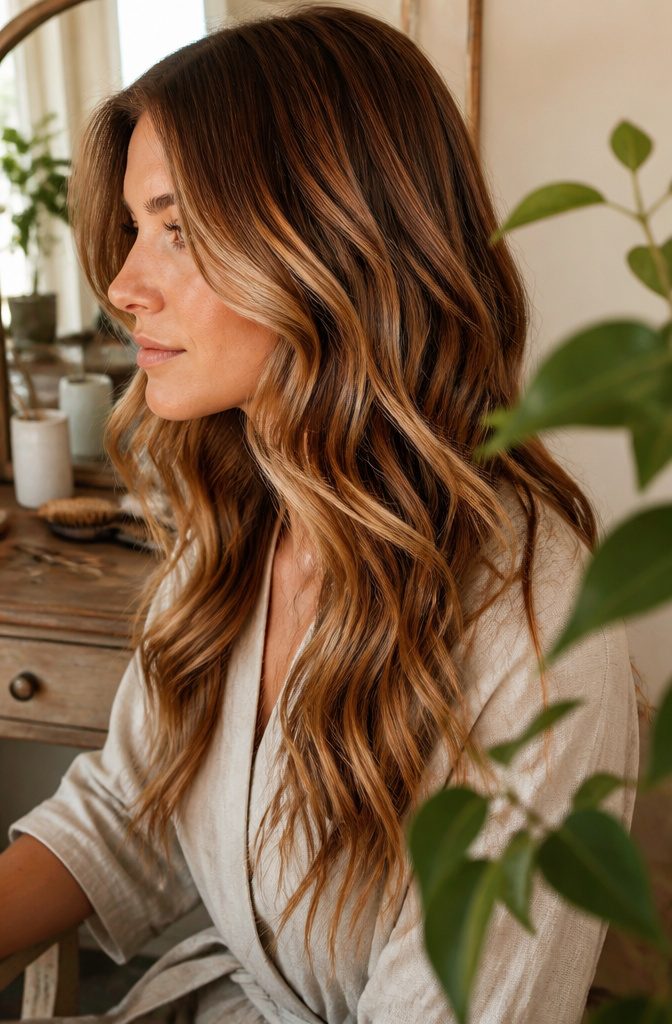 Long wavy hair with blonde face framing pieces and bright ends