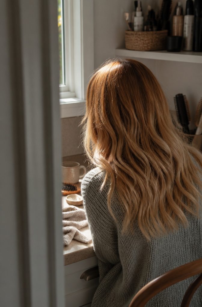 Dark copper roots blending into blonde lengths several weeks after coloring