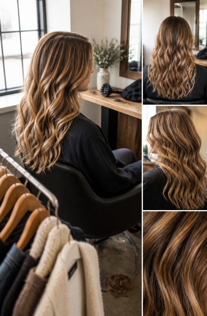 Long wavy hair with blonde highlights around the face and ends