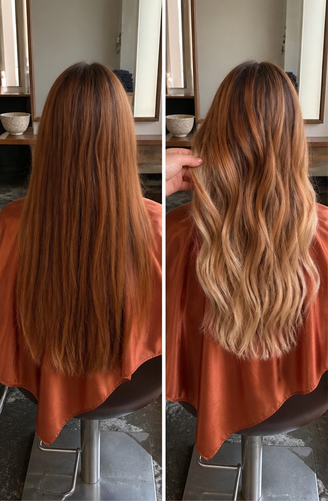 Dark copper hair with blonde balayage fading toward the ends
