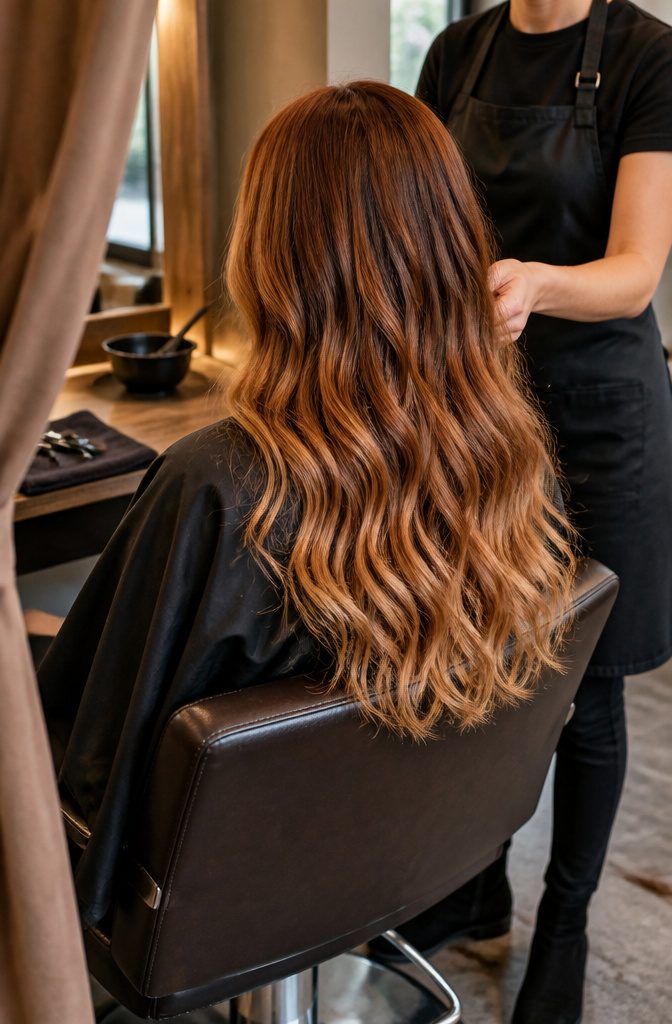 Long wavy dark copper hair with blonde ends from Plaza Hair Salon