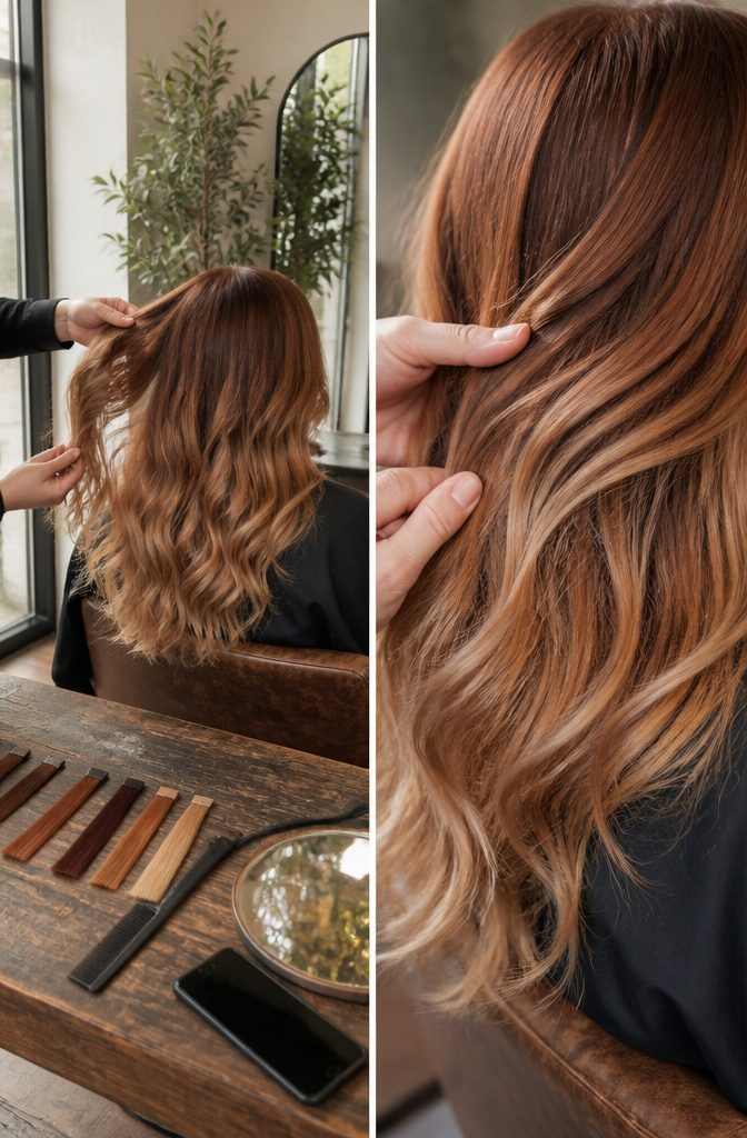 Dark natural hair base with blonde balayage pieces through the lengths