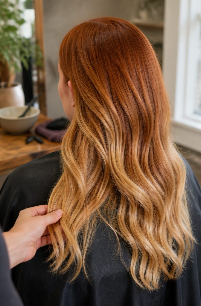 Copper hair with blonde lengths and dark roots in loose waves