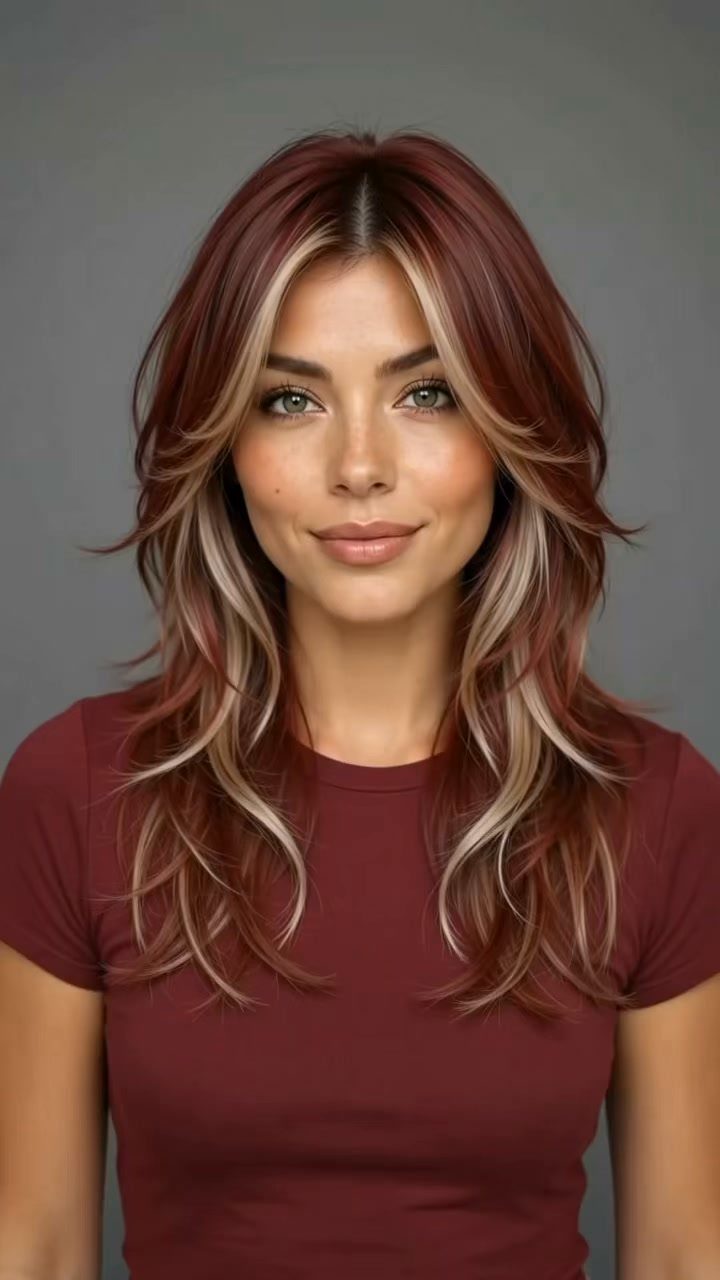 Woman with layered berry-red brown hair and lighter blonde streaks