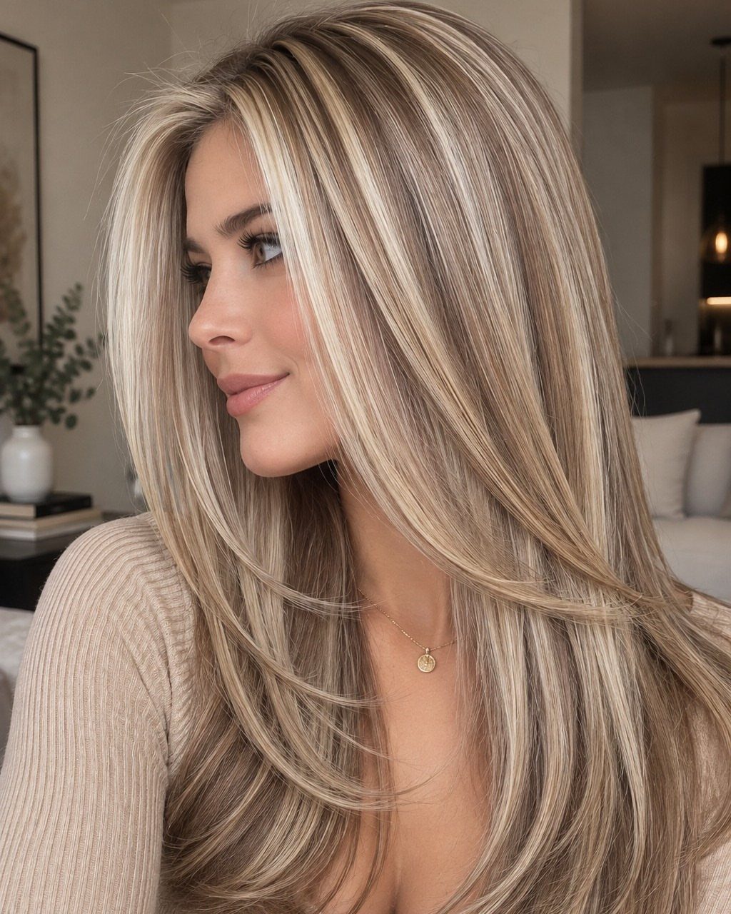 Woman with long creamy blonde hair and soft pale highlights against darker roots