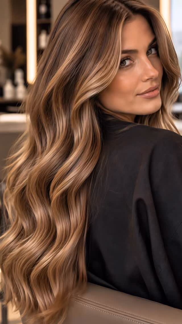 Woman with long, wavy teddy graham blonde hair and warm highlights